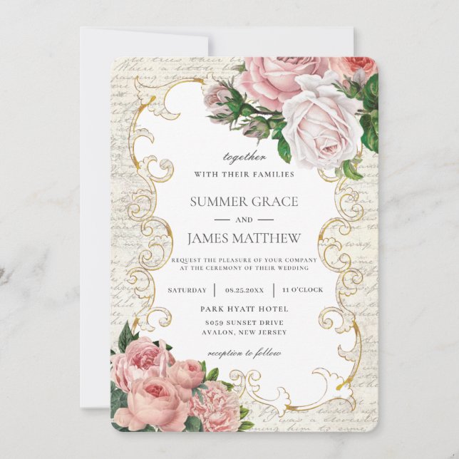 Shabby Chic Vintage French Roses Letter Wedding  Invitation (Front)
