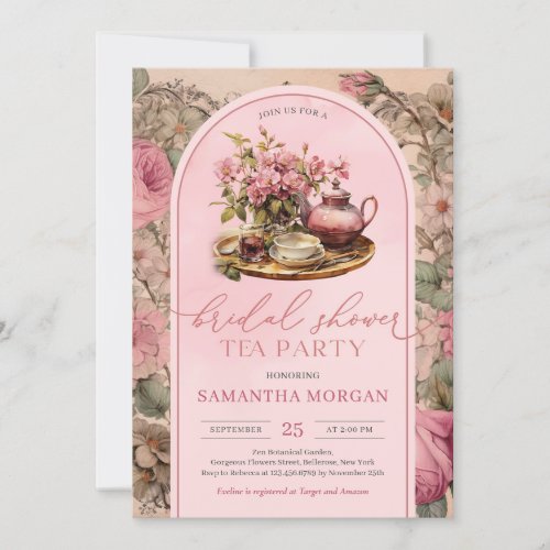 Shabby chic vintage fuchsia pink Bridal tea party Invitation