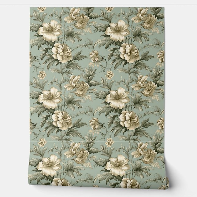 Shabby chic vintage gold flowers dusty greenery wallpaper  (Unrolling)