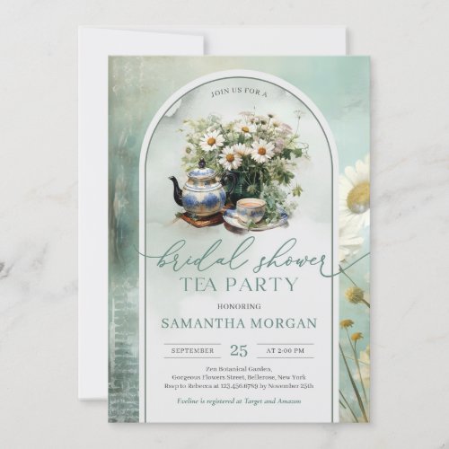 Shabby chic vintage green and white Bridal tea Invitation