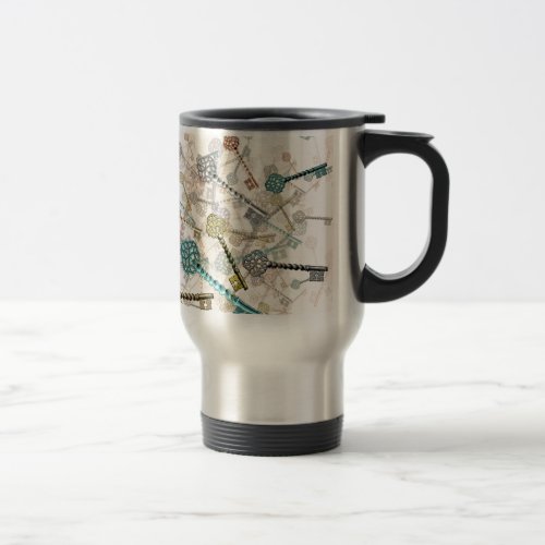 Shabby chic vintage keys print subtle pale shade travel mug