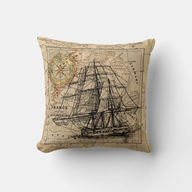 Shabby Chic Vintage Map Ship Nautical  Throw Pillow (Front)