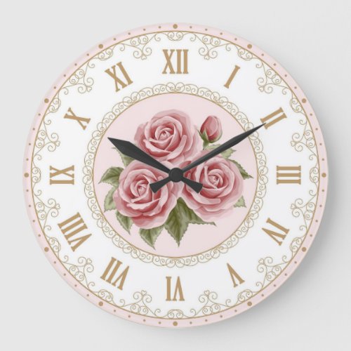 Shabby Chic Vintage Peach Pink Gold Rose Flowers Large Clock