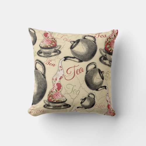 Shabby chic vintage peonies pouring teapot teacup throw pillow