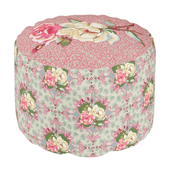 Shabby Chic Vintage Pink and Green Round Pouf (Angled Front)