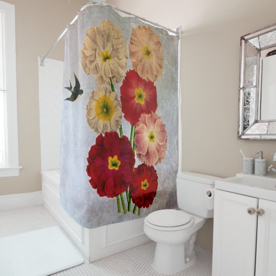 Shabby Chic Vintage Pink Red White Flowers On Blue Shower Curtain