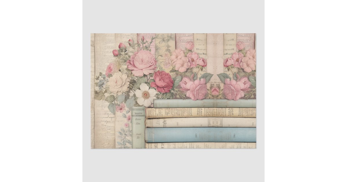Shabby Chic Vintage Pink Roses Antique Books Tissue Paper | Zazzle