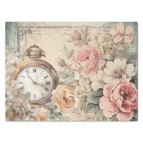 Shabby Chic Vintage Pink Roses Antique Clock Tissue Paper