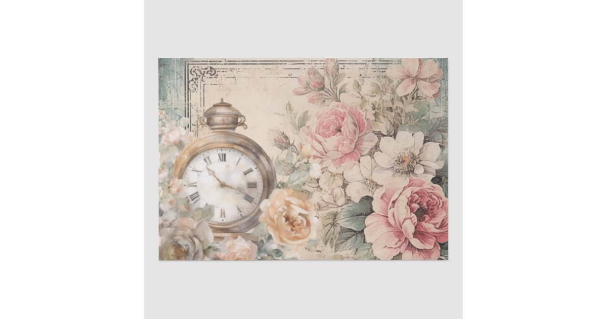 Shabby Chic Vintage Pink Roses Antique Clock Tissue Paper | Zazzle