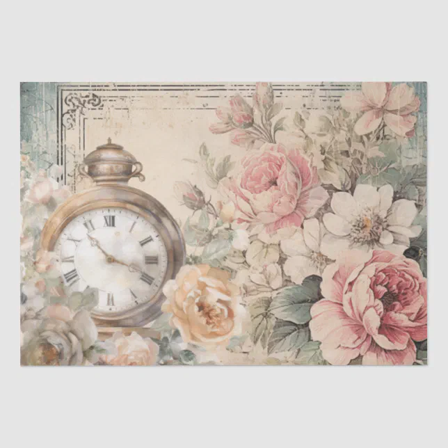 Shabby Chic Vintage Pink Roses Antique Clock Tissue Paper | Zazzle