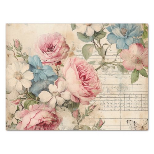 Shabby Chic Vintage Pink Roses Blue White Floral Tissue Paper