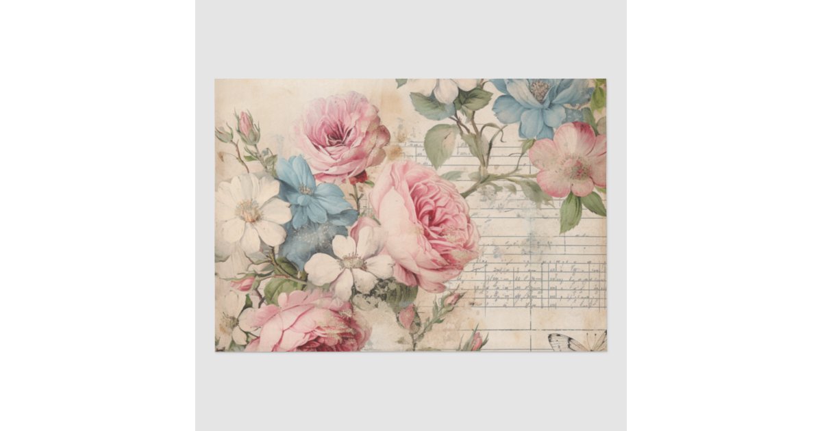 Shabby Chic Vintage Pink Roses Blue White Floral Tissue Paper | Zazzle