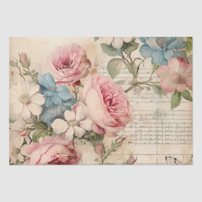Shabby Chic Vintage Pink Roses Blue White Floral Tissue Paper | Zazzle