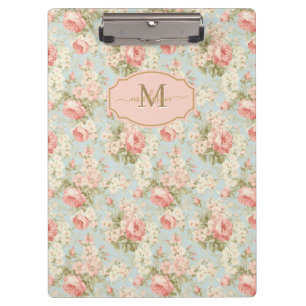 Shabby Chic Vintage Pink Roses Floral Monogram Clipboard