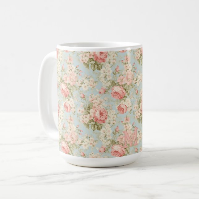 Shabby Chic Vintage Pink Roses Floral Monogram  Coffee Mug (Front Left)
