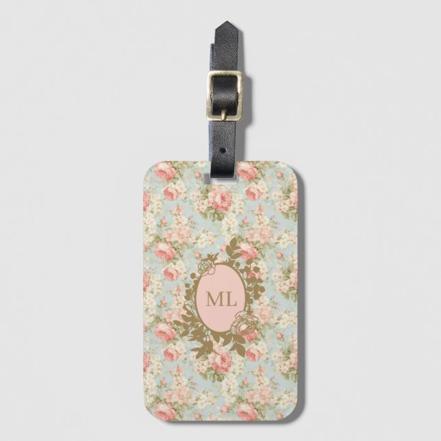 Shabby Chic Vintage Pink Roses Floral Monogram Luggage Tag (Front Vertical)