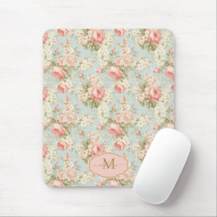Shabby Chic Vintage Pink Roses Floral Monogram Mouse Pad