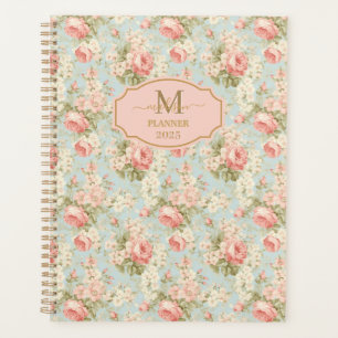 Shabby Chic Vintage Pink Roses Floral Monogram Planner