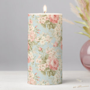 Shabby Chic Vintage Pink Roses Floral Pillar Candle