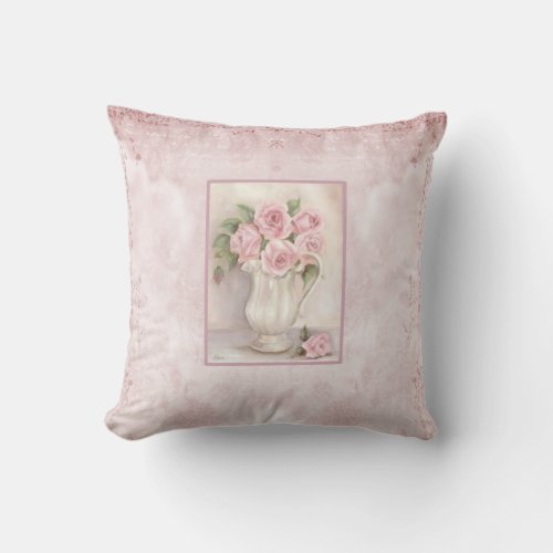 Shabby Chic Vintage Pink Roses in Vase Throw Pillow