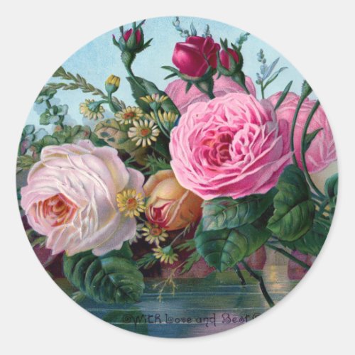 Shabby Chic Vintage Pink  White Roses Floral Classic Round Sticker