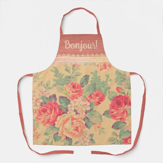 Shabby Chic Vintage Rose Bonjour Apron (Front)