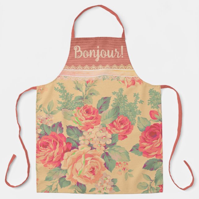 Shabby Chic Vintage Rose Bonjour Apron (Front)