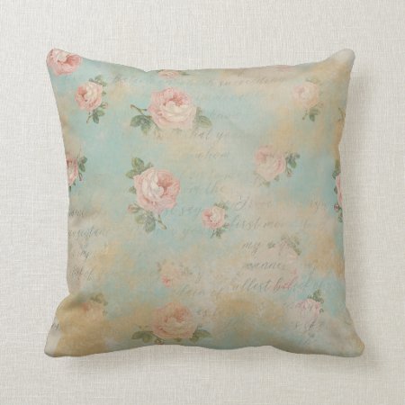 Shabby Chic Vintage Roses Blue Throw Pillow