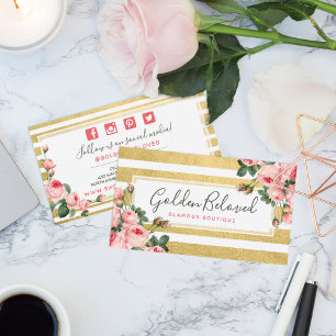 Shabby Chic Vintage Roses & Gold Stripes Social Business Card