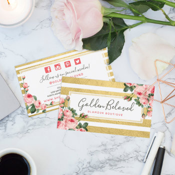 Shabby Chic Vintage Roses & Gold Stripes Social Business Card by CyanSkyDesign at Zazzle