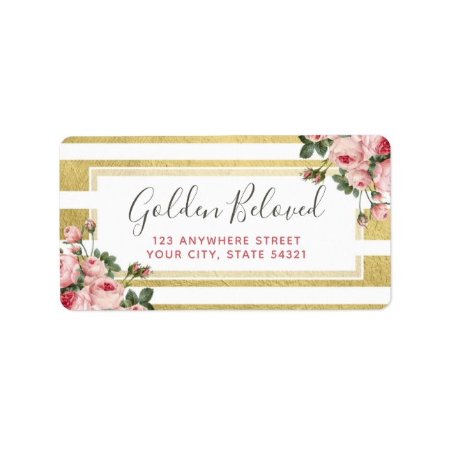 Shabby Chic Vintage Roses & Modern Gold Address Label (Front)