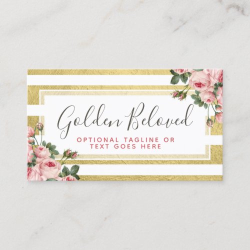 Shabby Chic Vintage Roses  Modern Gold Stripes Business Card