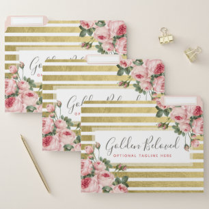 Shabby Chic Vintage Roses & Modern Gold Stripes File Folder