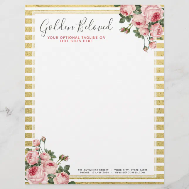 Rust Roses Letter Head Shabby Chic Vintage Roses & Modern Gold Stripes Letterhead | Zazzle