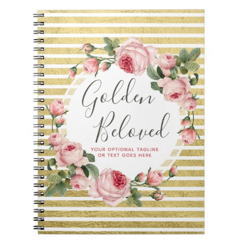 Shabby Chic Vintage Roses  Modern Gold Stripes Notebook