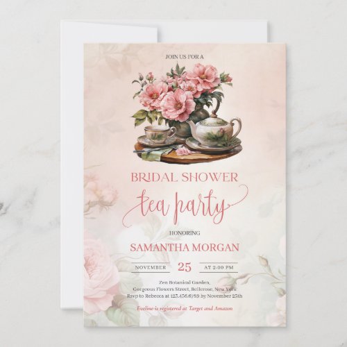 Shabby Chic watercolor blush pink roses tea party Invitation
