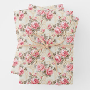 Shabby chic watercolor magenta and sage roses wrapping paper sheets