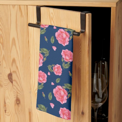 Shabby Chic Watercolor Pink Rose Floral Pattern Kitchen Towel