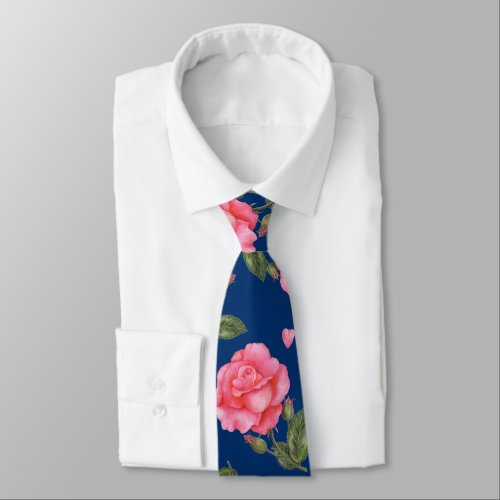Shabby Chic Watercolor Pink Rose Floral Pattern Neck Tie