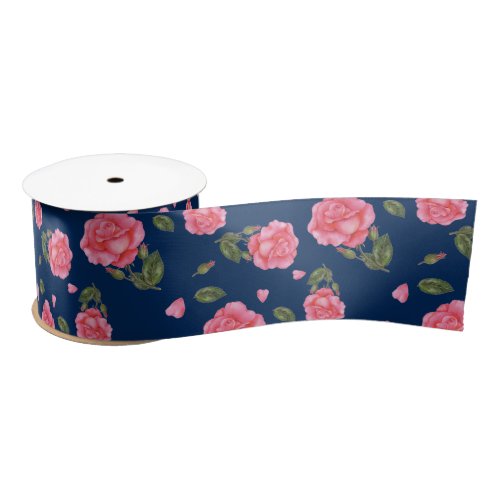 Shabby Chic Watercolor Pink Rose Floral Pattern Satin Ribbon