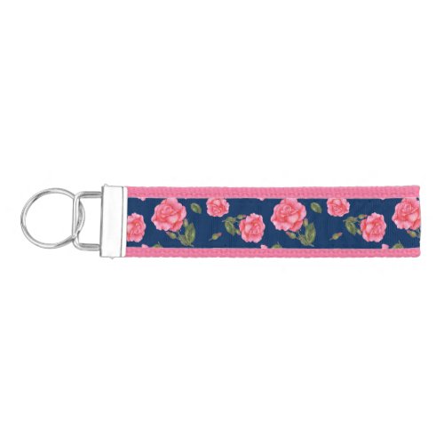 Shabby Chic Watercolor Pink Rose Floral Pattern Wrist Keychain