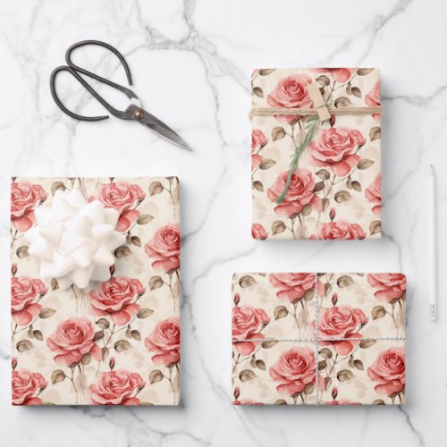 Shabby Chic watercolor red French roses greenery Wrapping Paper Sheets