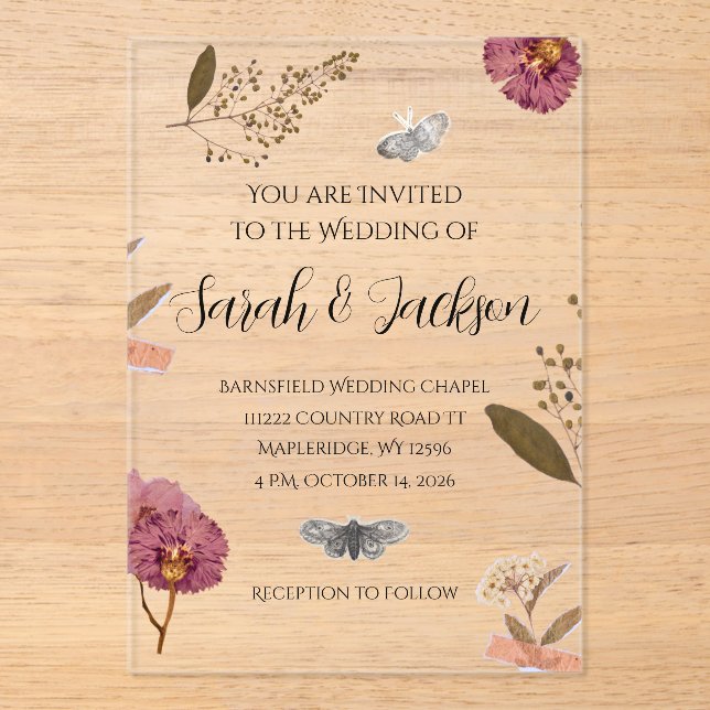 Shabby Chic Wedding Pressed Flowers Wedding Invite Acrylic Invitations (Front)