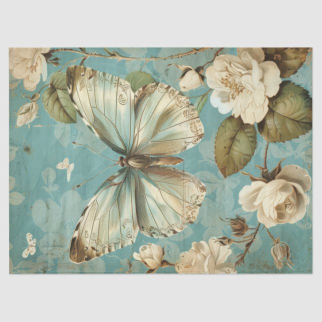 Shabby chic white butterfly & blush roses tissue paper (Front)