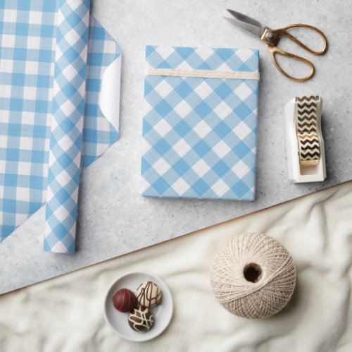 Shabby Chic White Cyan Sky Blue Gingham Wrapping Paper