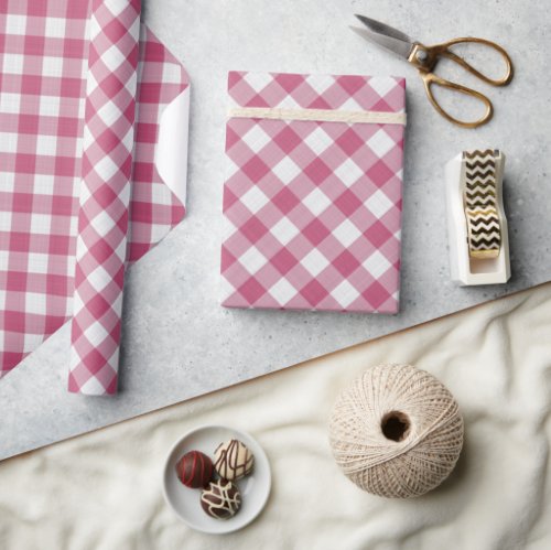 Shabby Chic White Dark Pink Gingham Wrapping Paper