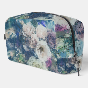 Shabby Chic White & Faded Pink Roses On Blue Dopp Kit