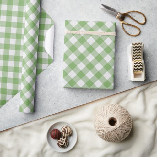 Shabby Chic White Light Apple Green Gingham Wrapping Paper