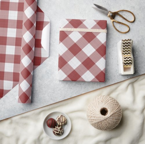 Shabby Chic White Light Maroon Red Gingham Wrapping Paper