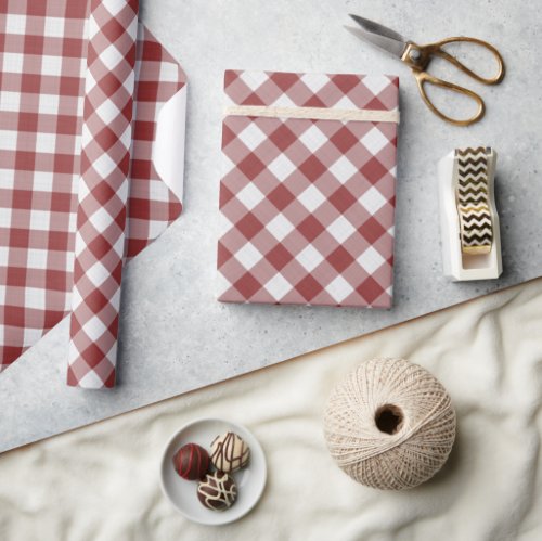 Shabby Chic White Light Maroon Red Gingham Wrapping Paper